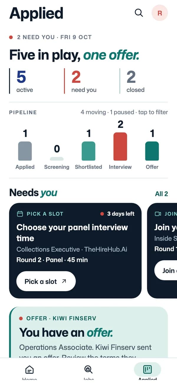 The Applied screen: applications in play, the pipeline by stage and what needs you