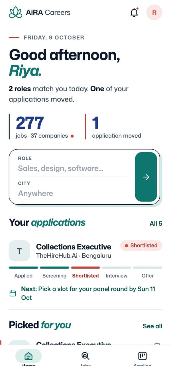 The AiRA Careers app home screen: matches for today, live job count and your applications
